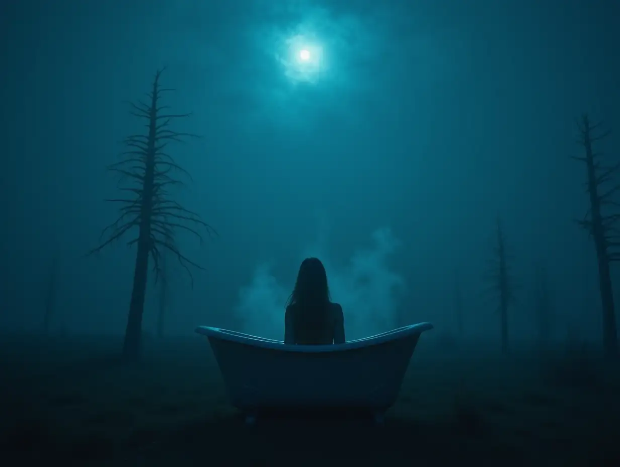 Woman-Bathing-in-an-Abandoned-Field-Under-Mist-and-Moonlight