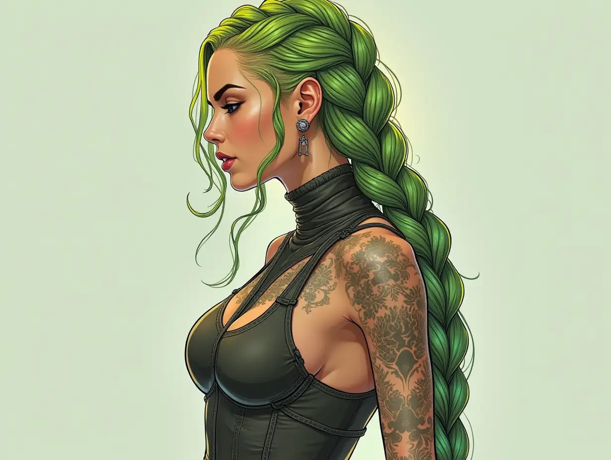 Depiction of a full body beautiful white woman with -tattoo, long mixed green-yellow braided hair in a futuristic warroir style