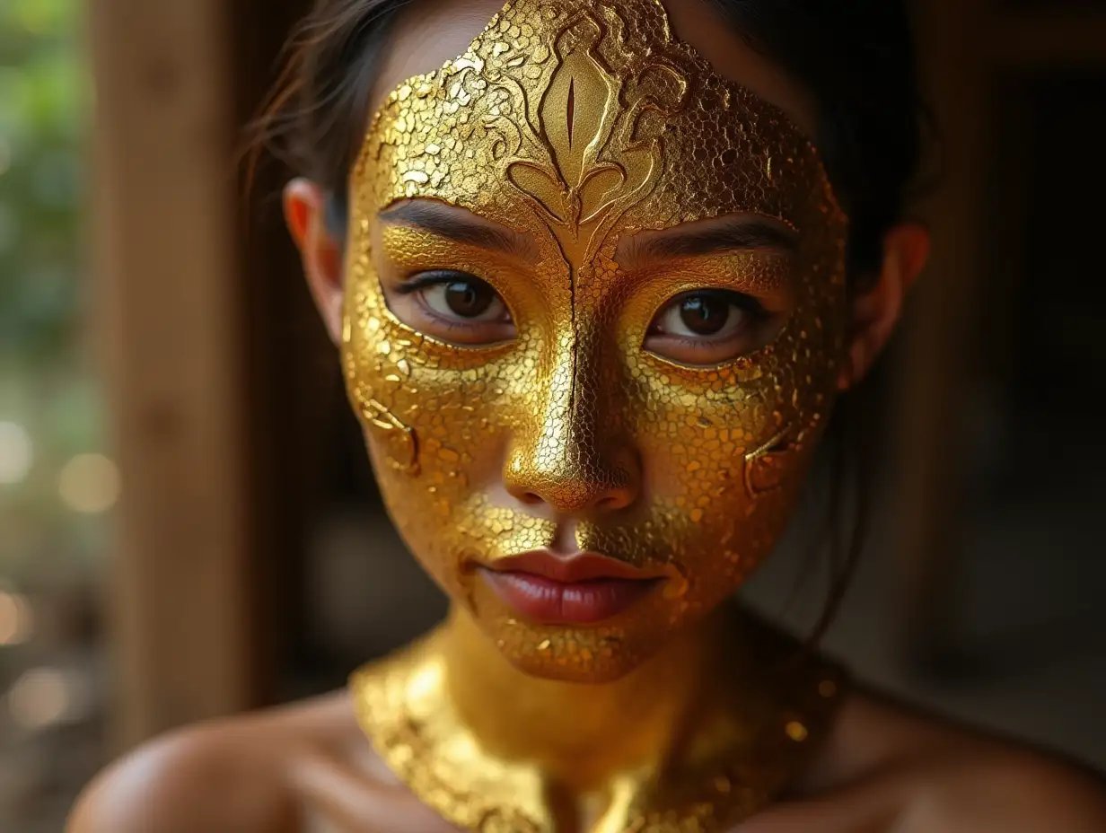 cambodian woman wearing a futuristic mask made from pure gold