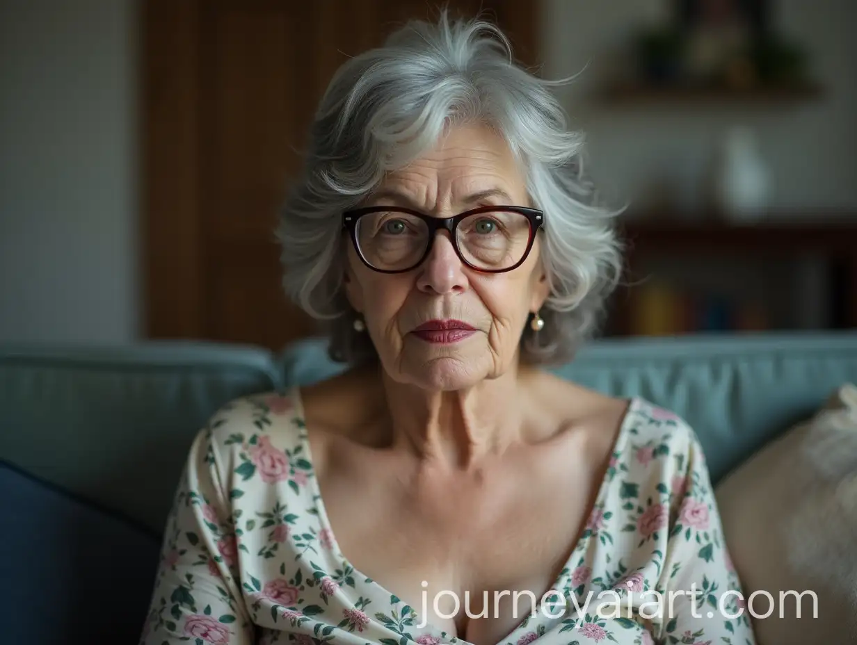 Elderly-Woman-with-Messy-Grey-Hair-and-Floral-Dress-Sitting-on-Couch