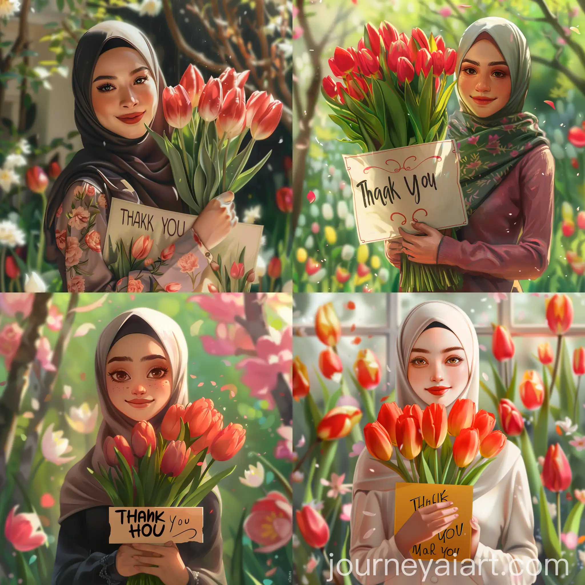 Stylish-Malay-Hijabi-Woman-Holding-Tulip-Bouquet-with-Thank-You-Card-in-Garden