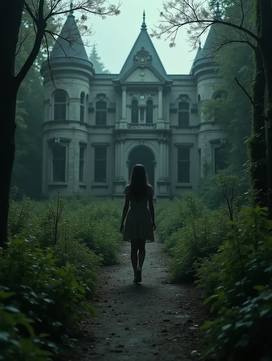 A girl is walking in a garden of an abandoned old palace appearing scary