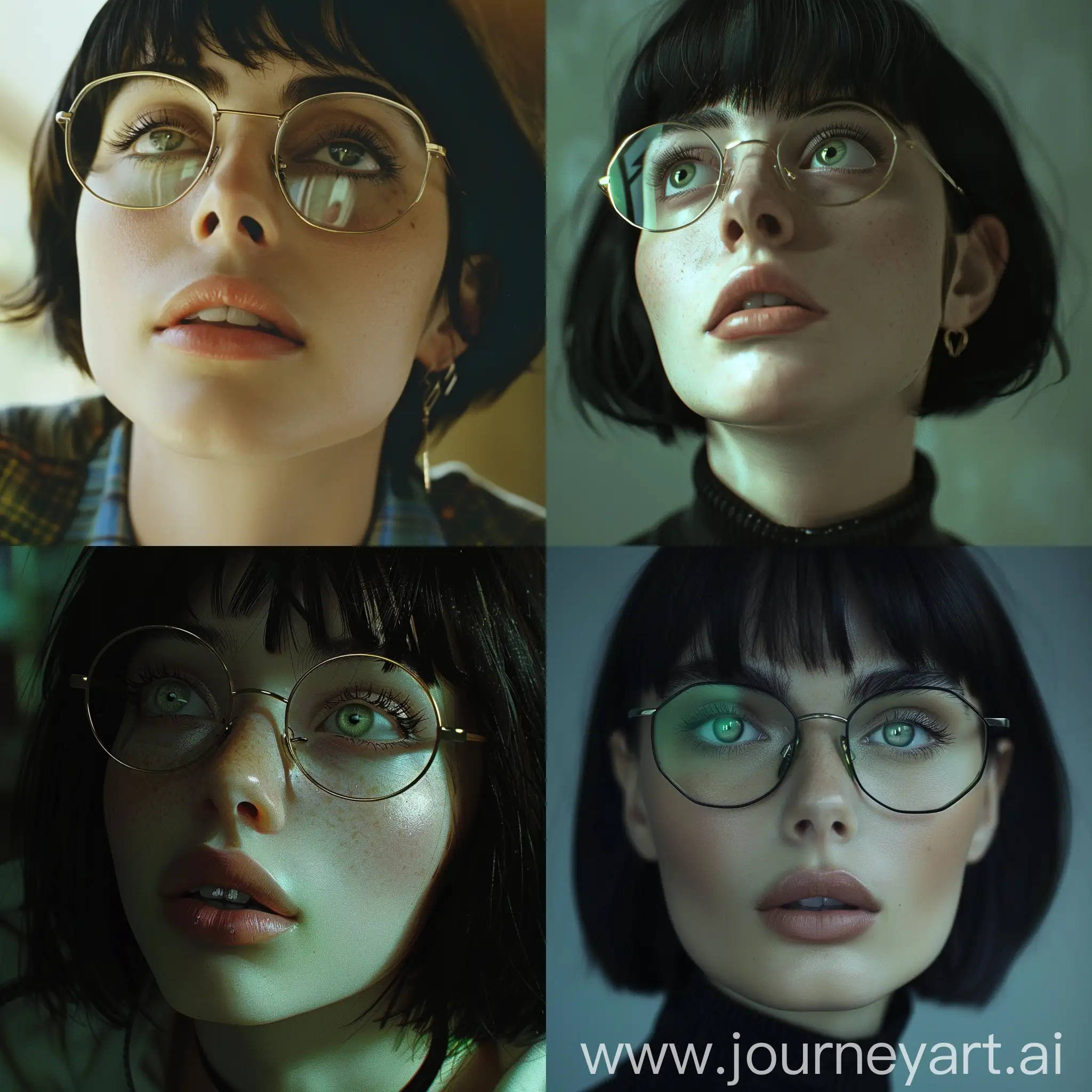 Woman-with-Hexagonal-Frame-Glasses-Looking-Up-Calm-Expression