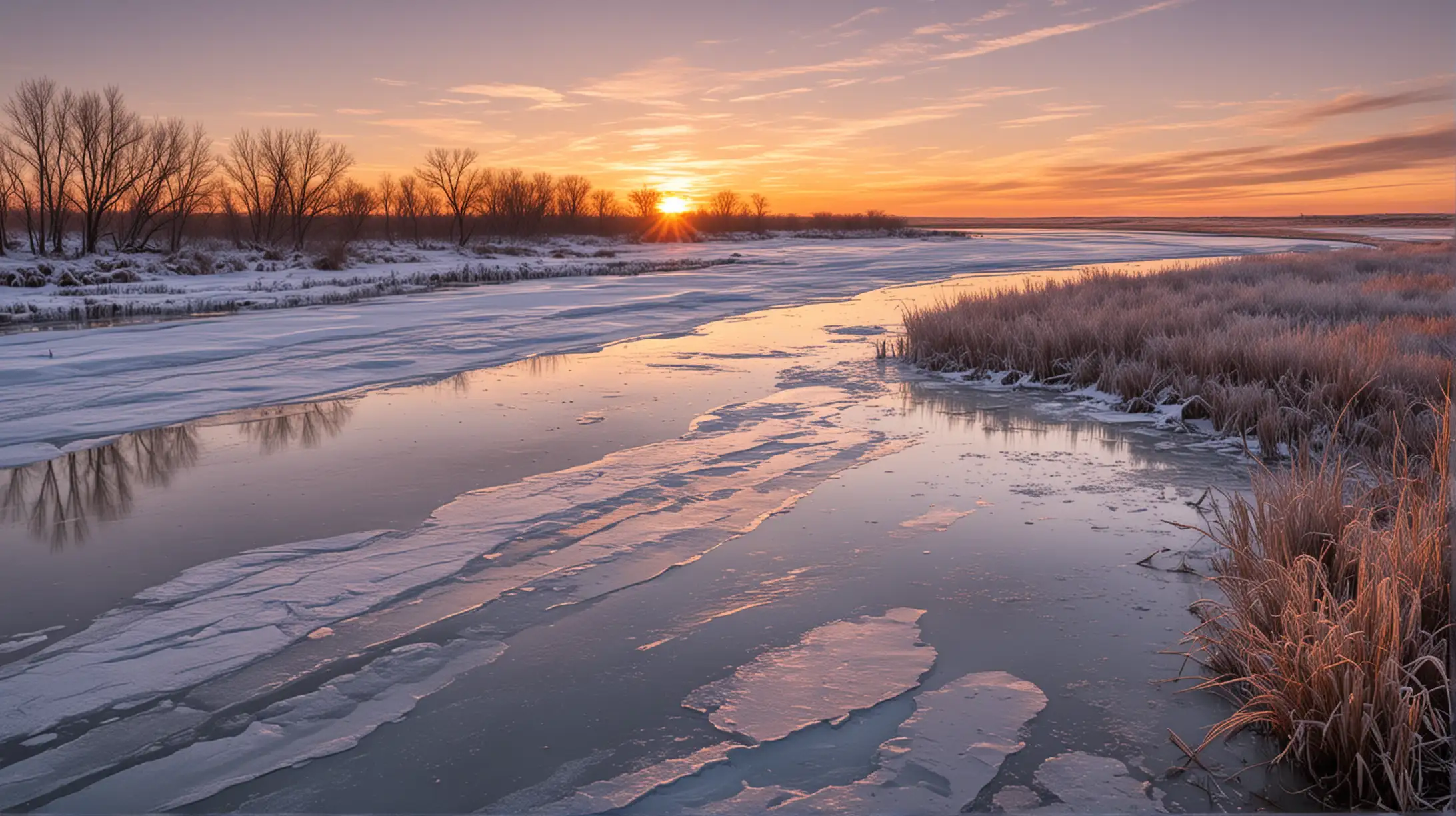 1870s Winter Sunset Frozen River and Prairie Frontier Scene