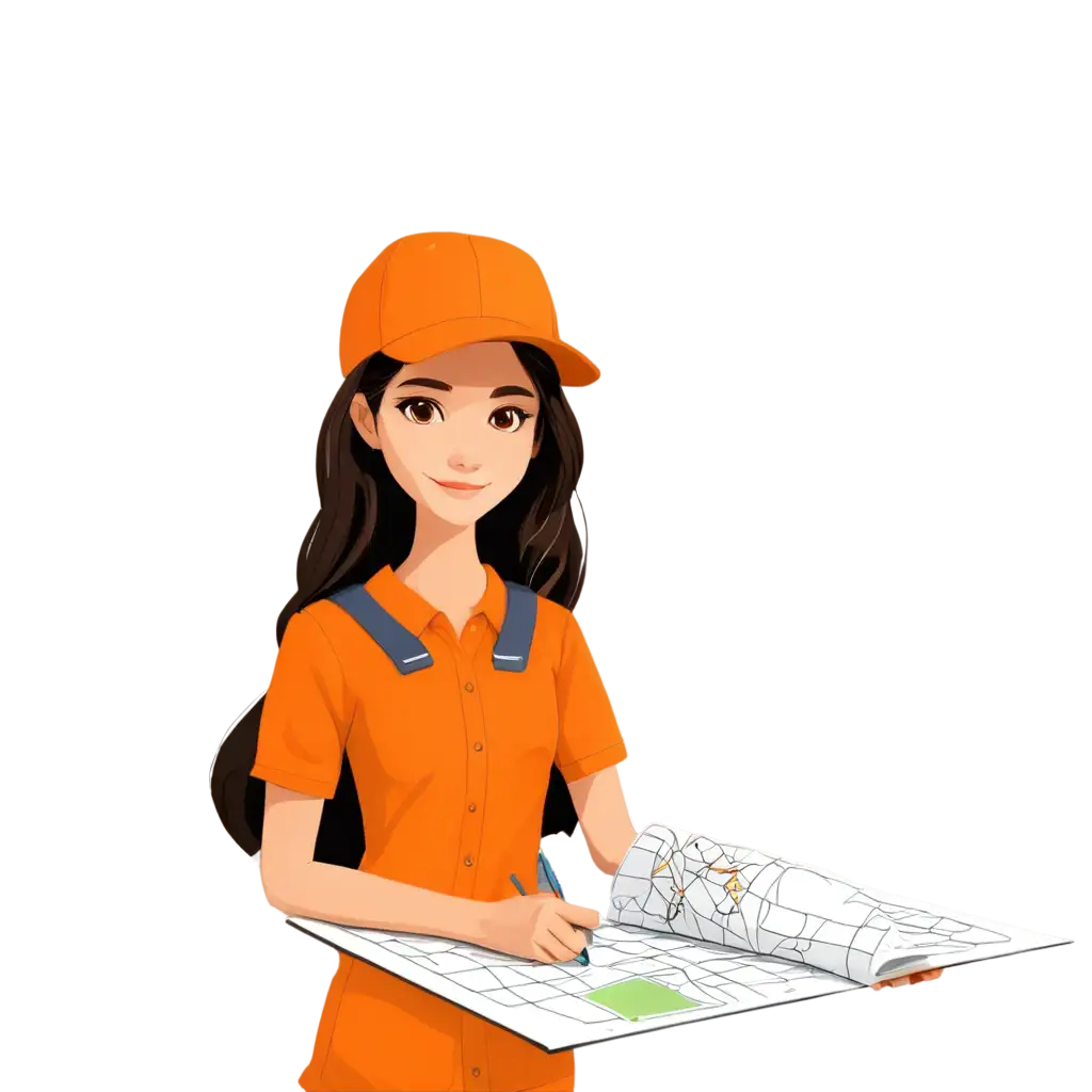 Acute-Cartoon-Student-Girl-with-Orange-Uniform-Architecture-Drawing-Home-Map-and-Design-PNGPNG-Image-SEO-Analysis-for-Design-and-Education