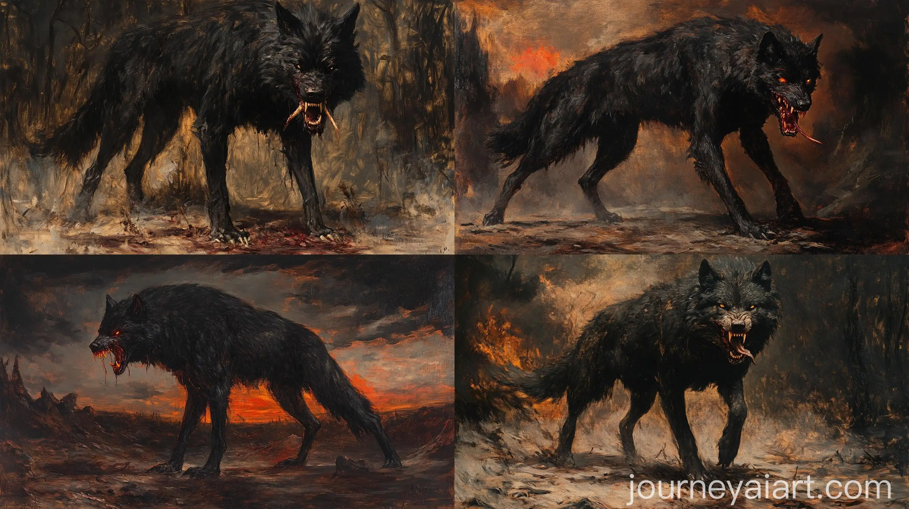 Eerie-Oil-Painting-of-a-Sinister-Black-Wolf-Howling-in-a-Desolate-Landscape
