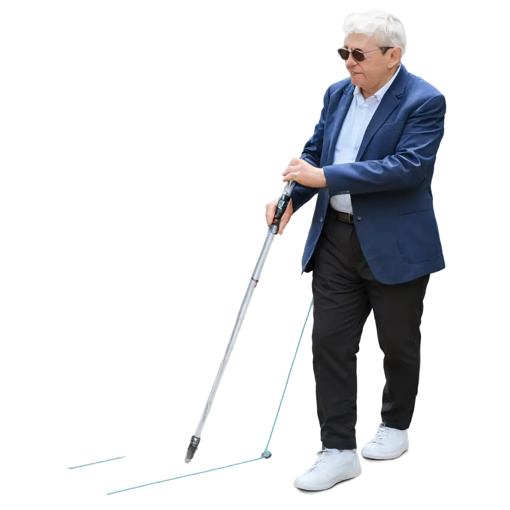 a old person with parkinson disease walking with a laser cane