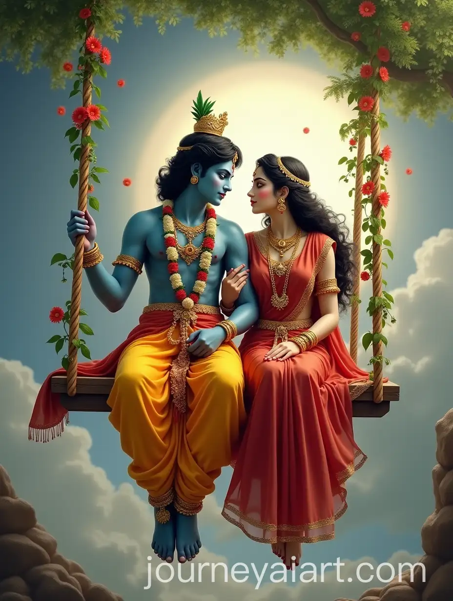 Radha-and-Krishna-on-a-Celestial-Swing-in-a-Divine-Setting