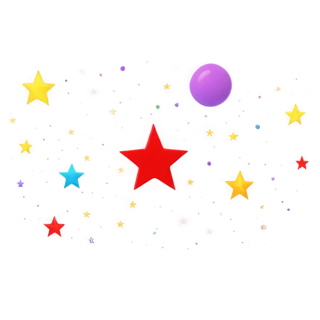 many circles and very thin stars. the colors should be yellow, red and purple. use minimalistic style for the elements but the number of elements must be large. make it 3d.