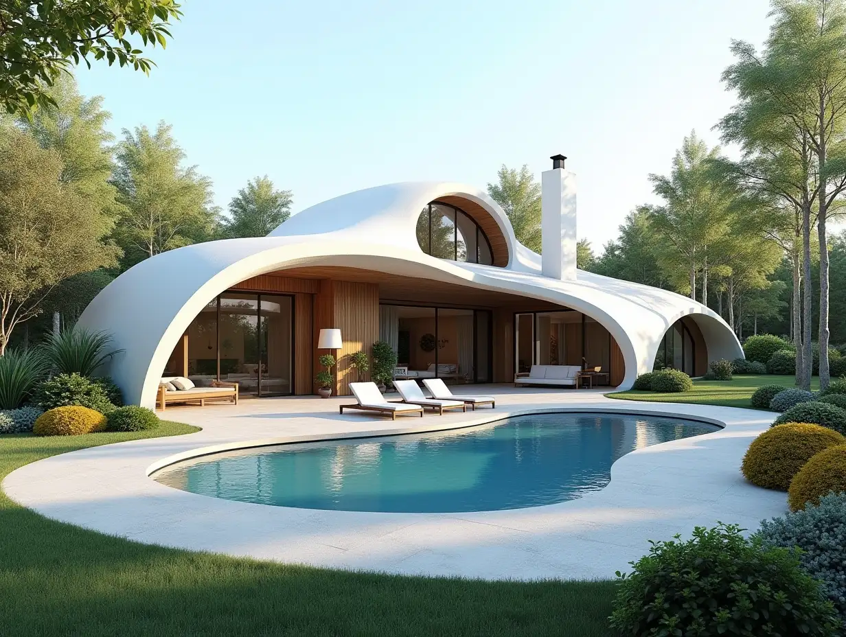 Create for me a house with rounded roof, rounded window shapes with a large garden and pool with a large house, colorful bushes