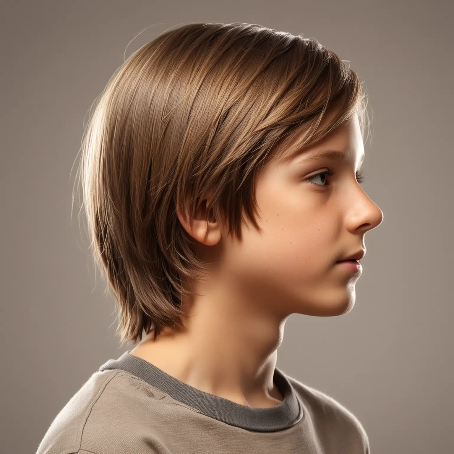 Hyper Realistic Portrait of Eleven Year Old Boy with ShoulderLength Light Brown Hair