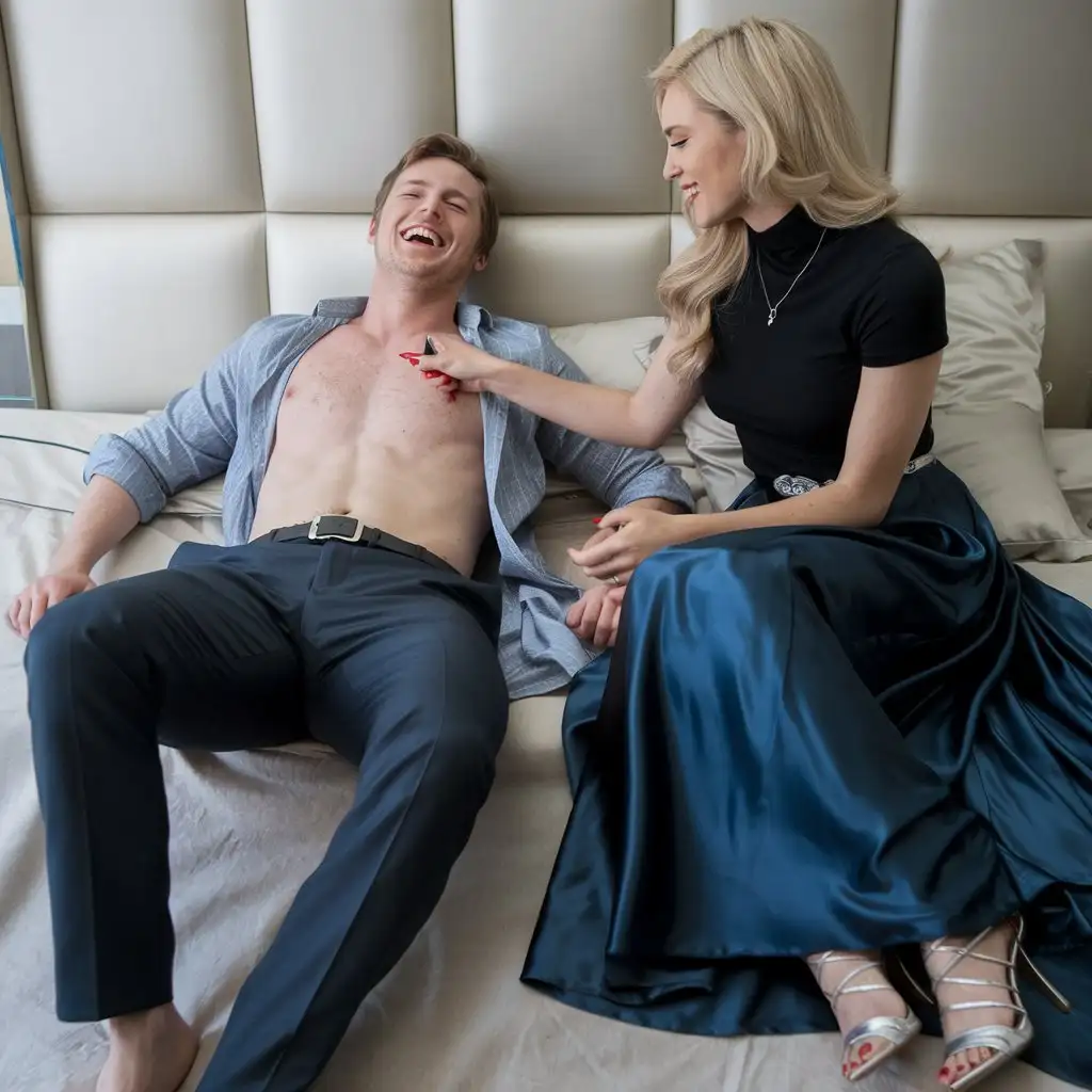 Caucasian-Man-and-Blonde-Woman-Relaxing-on-Bed-with-Playful-Interaction