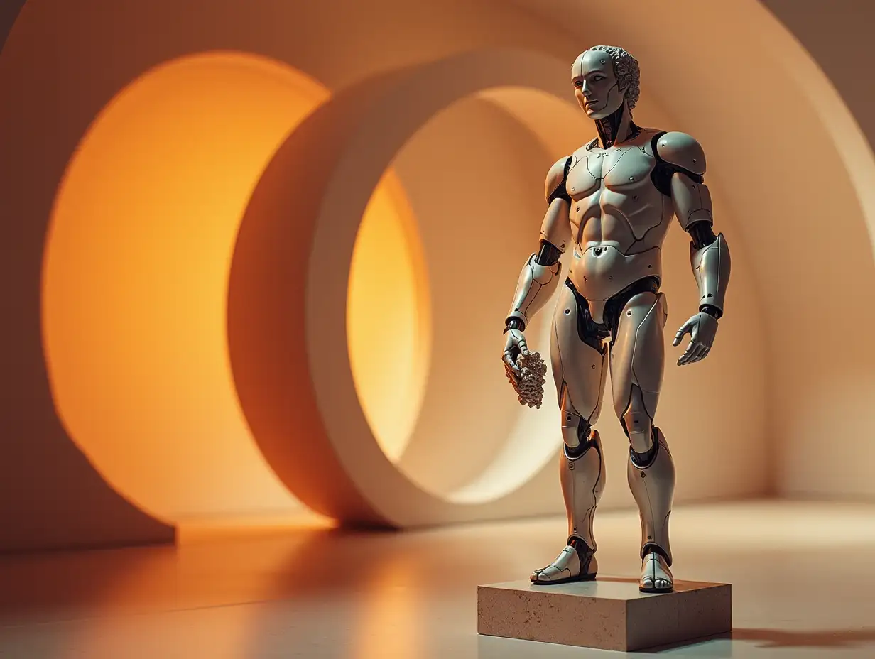 a surreal David statue makes robots with large, bold circular patterns in the background. The lighting is soft and warm, highlighting the figure's form, while creating contrast with abstract shapes. The entire composition must blend realism with modern art and