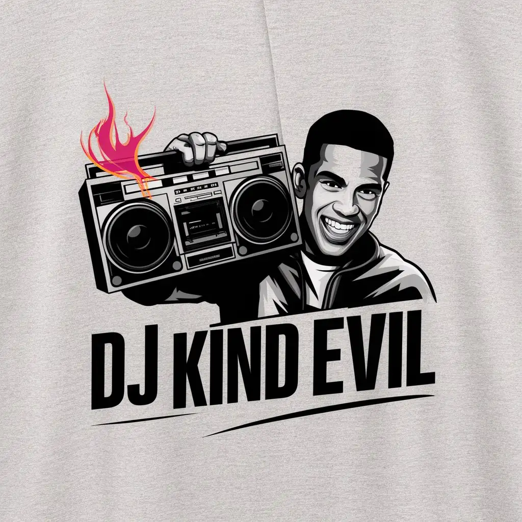 Придумай логотип для диджея DJ Kind Evil в стиле хип хоп на белом фоне, молодой парень держит бумбокс