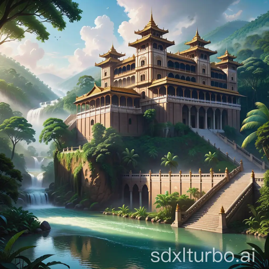 The main subject is large, ornate building situated on a hill overlooking a river. The building appears to be a palace, with a staircase leading up to it. The staircase is located in the middle of the scene, and the building is positioned towards the right side of the frame. Rain forest surrounding palace adding a touch of nature to the scene. The river can be seen in the background, providing a serene and picturesque setting. The overall mood of the image is tranquil and majestic, with the ornate building and the surrounding landscape creating a sense of awe and wonder. Photorealistic, sharp focus.