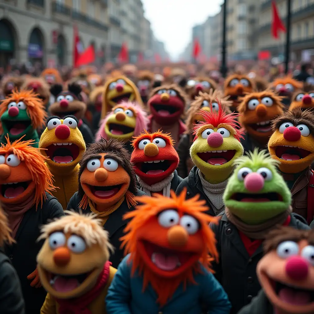 Large-Crowd-of-Angry-Muppet-Style-Characters-in-Protest-March