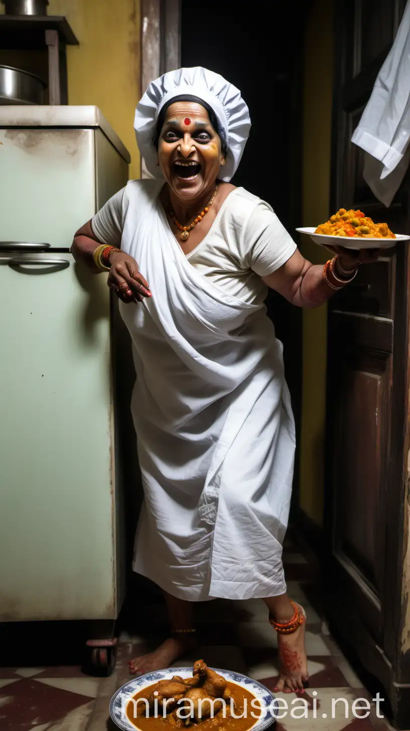 Mature Indian Woman Laughing with Chicken Curry and Rice in Haunted Mansion Kitchen