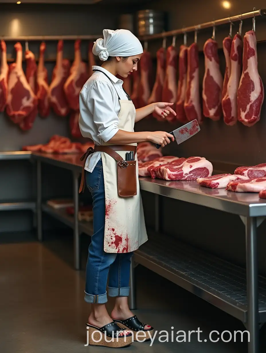 Female-Butcher-Preparing-Meat-in-Her-Butcher-Shop-with-BloodStAI-Art-Prompt-Expansionained-Apron-and-Cork-Wedge-Mules