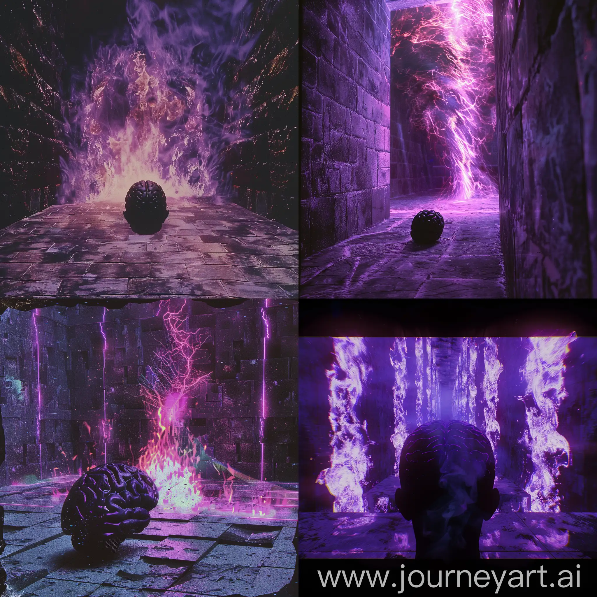 Analog-VHS-Style-Dark-Dungeon-with-Violet-Flame-Wall-and-Black-Brain