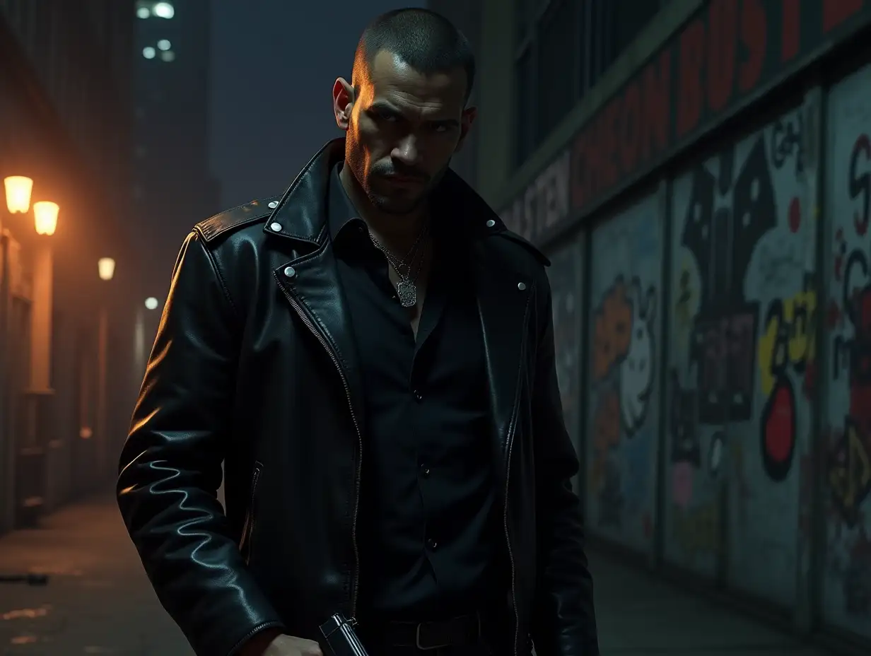 A tough gangster in a black leather jacket, holding a pistol by his side, standing in front of a graffiti-covered wall at night. The background has an urban, gritty vibe with dramatic, cinematic lighting, GTA-style atmosphere.