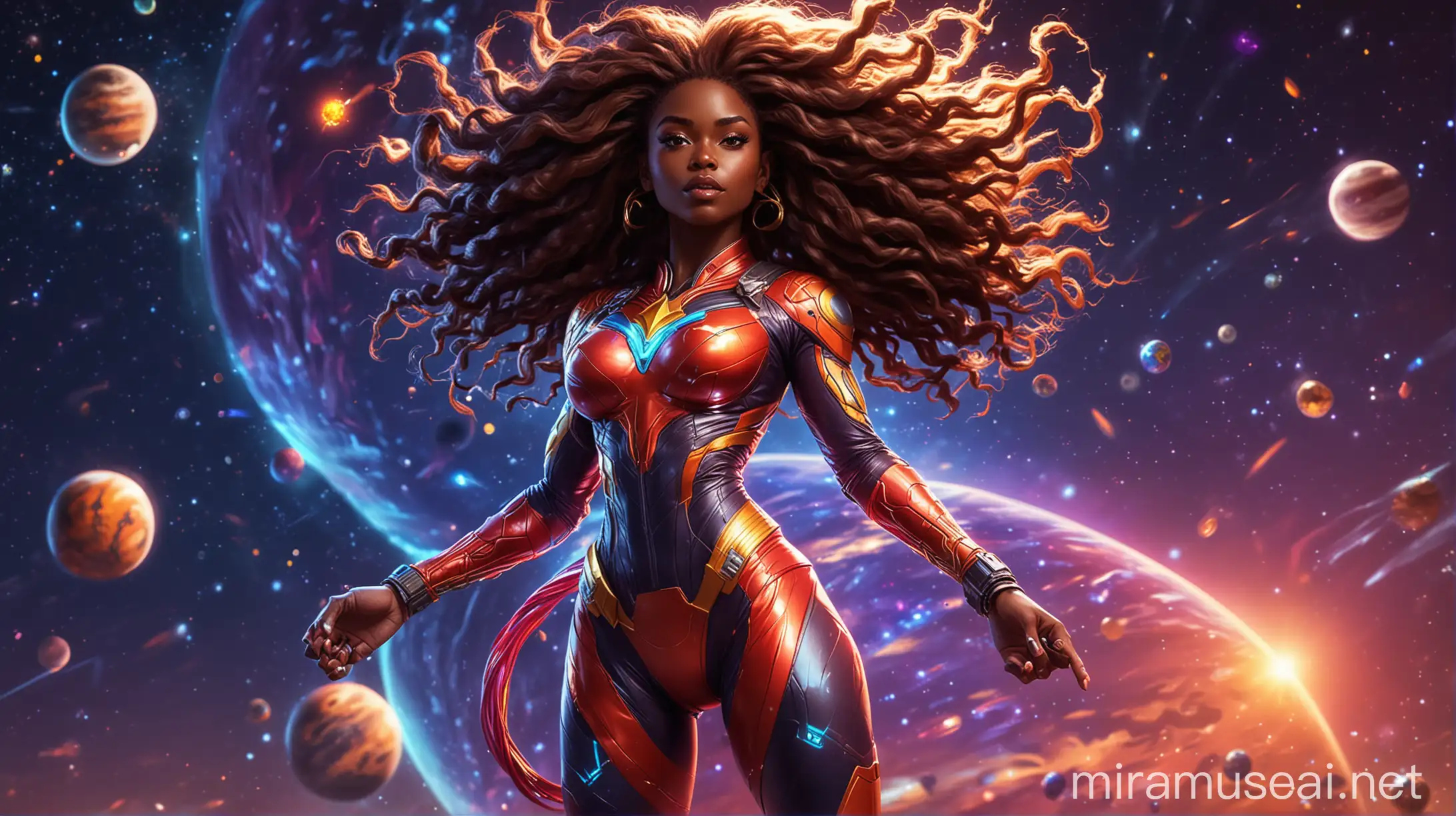 Superhero African Woman in Futuristic Spacesuit Against Colorful Night Sky