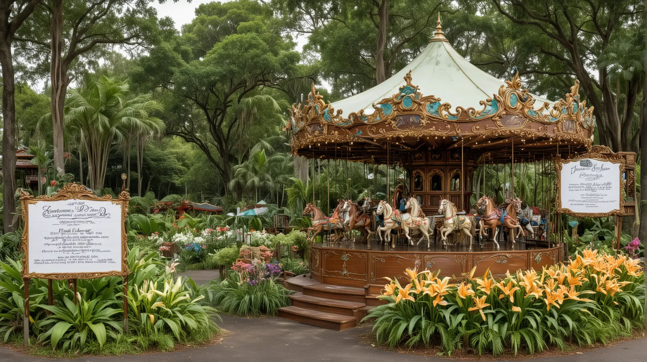 Enchanted Paradise Panoramic View with Carousel and Vendor Cart