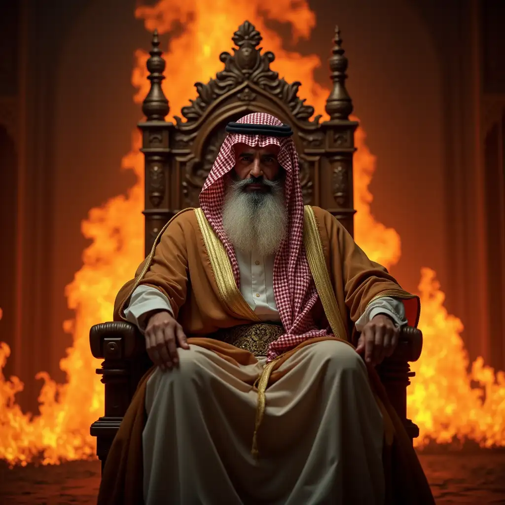 Arab sheikh with a white beard sitting on a throne surrounded by flames