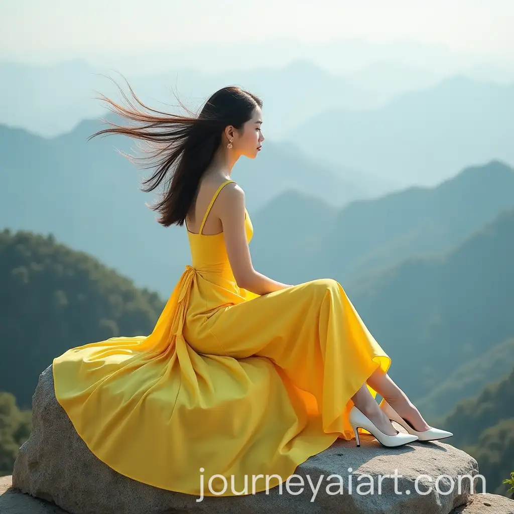 Chinese-Beauty-in-Yellow-Dress-on-Mountain-Top-with-Windblown-Hair