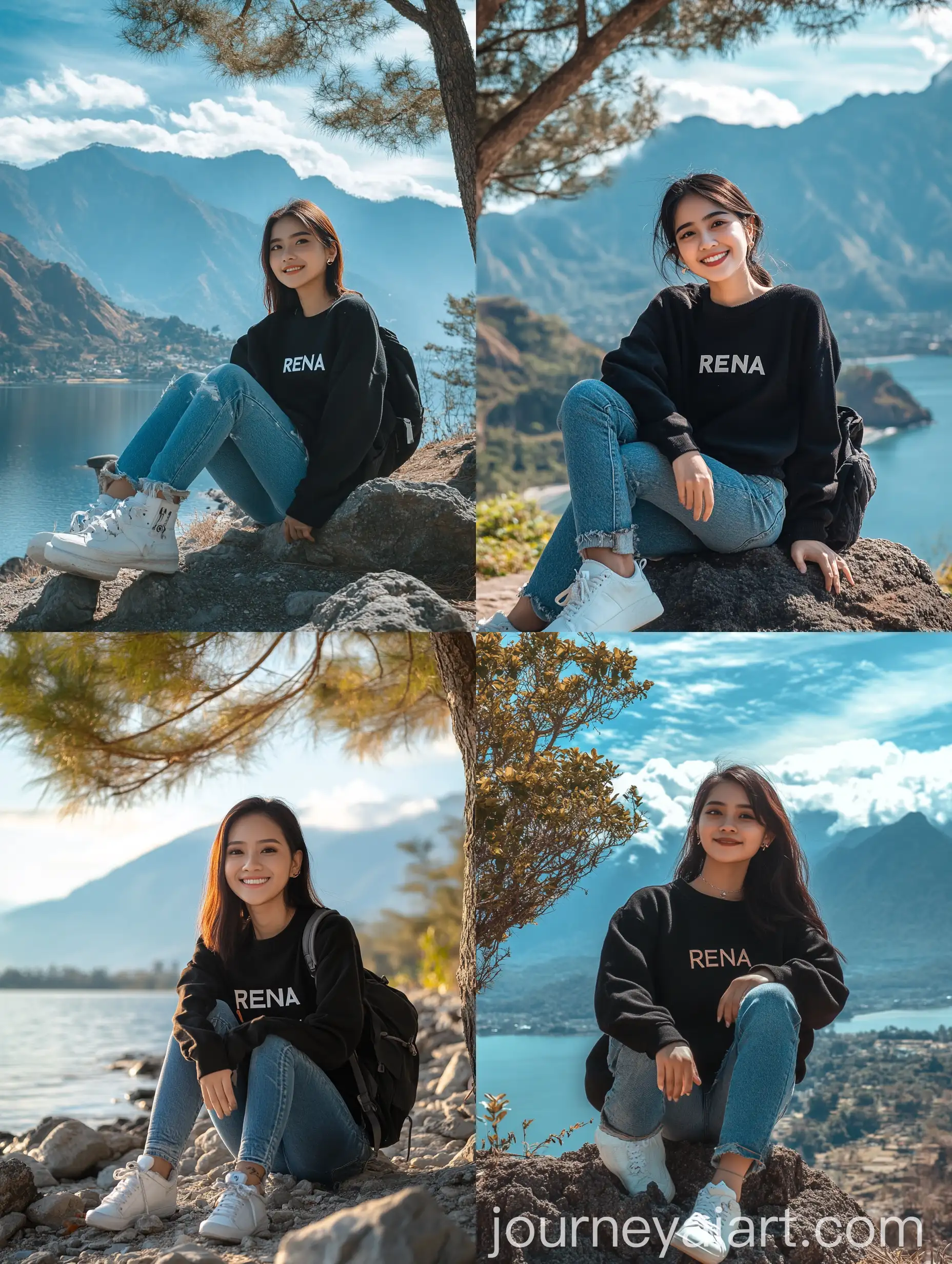 Smiling-Indonesian-Woman-by-Mountain-Lake