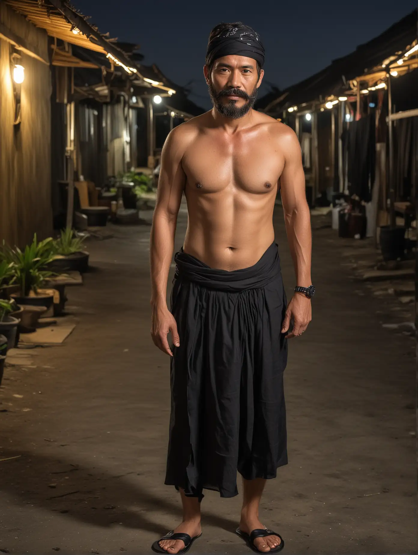 a handsome 45 year old man, bearded and moustached, bare chested, wearing a traditional black Indonesian headband, wearing a long black traditional Indonesian cloth, wearing black sandals, in a traditional Indonesian village at night