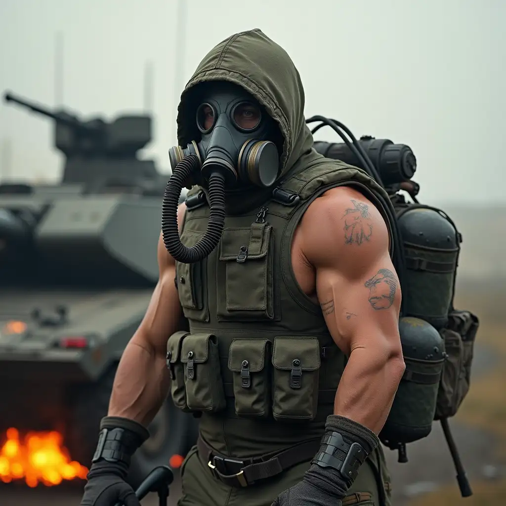 Buff guy in a bulletproof vest on bare torso and Soviet-made gas mask, his head covered with hood, hoses coming out of the gas mask into a backpack with oxygen tanks, he is injured in the leg, holding a Kalashnikov rifle, burning BTR in the background