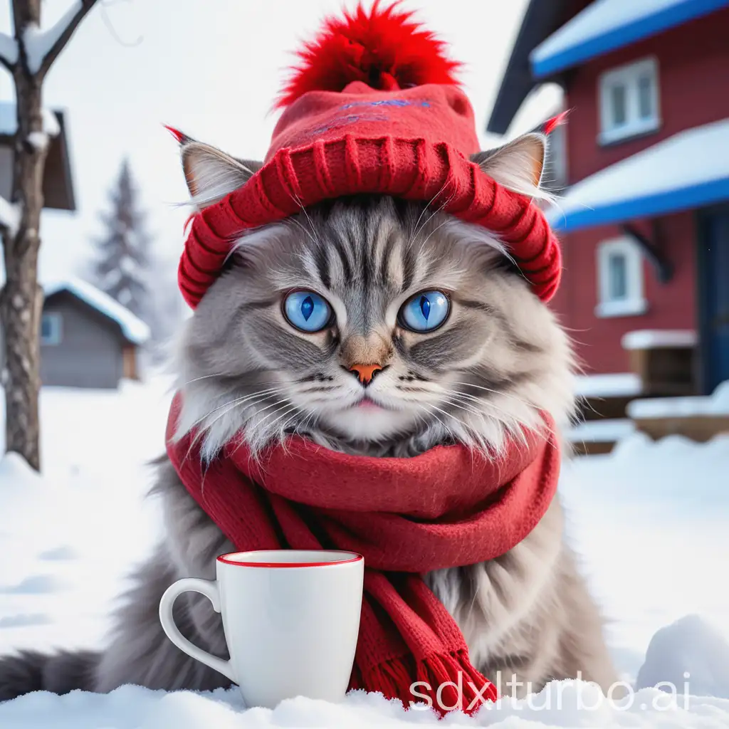 a sweet grey fluffy cat with big blue eyes a red scarf and a big hat, sits in the snow and drinks a big cup of coffee