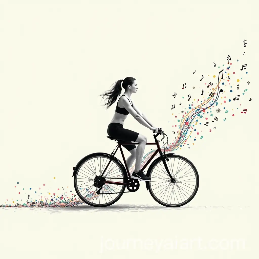 Woman-Pedaling-on-Static-Bicycle-with-Flowing-Music-Notes