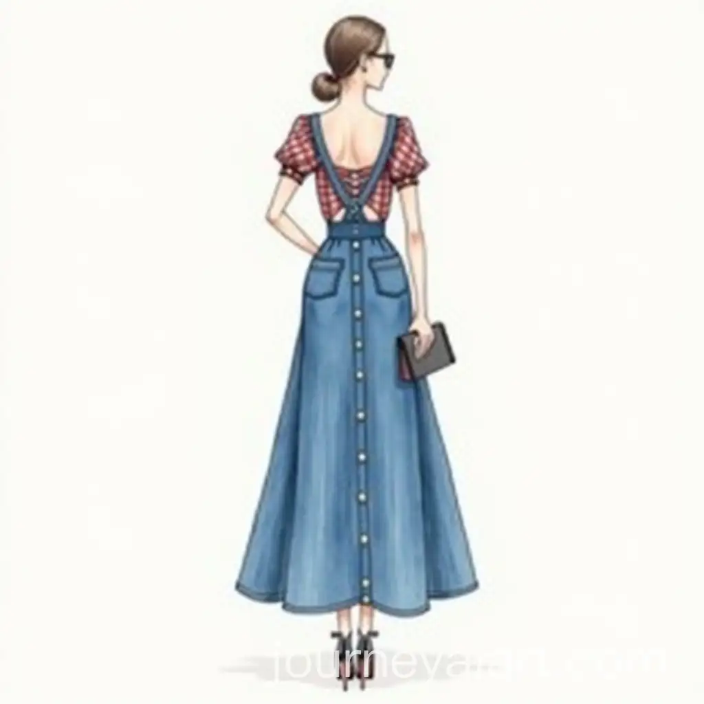 Elegant-Jean-Pinafore-Gown-with-Convertible-Sleeves-and-Plaid-Ribbon-Crop-Top