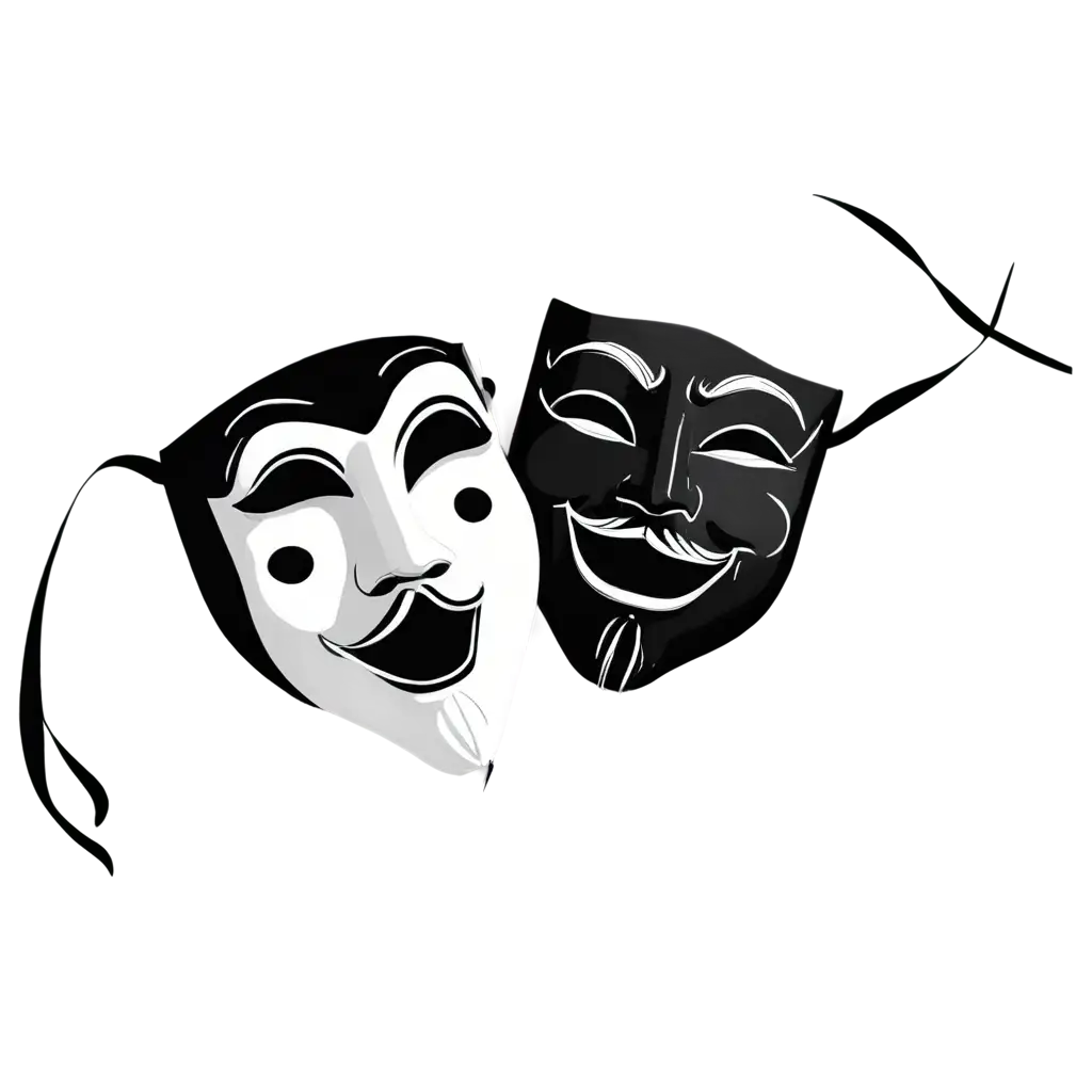 Theater-Masks-Cartoon-PNG-Image-in-Black-and-White-Ideal-for-Creative-Designs