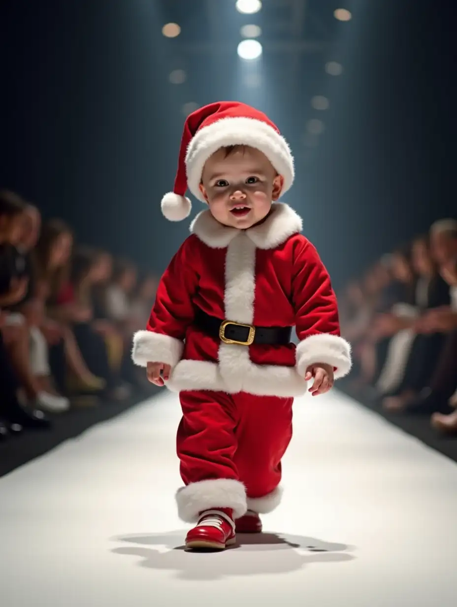 Create a detailed, photorealistic image of a baby walking down a fashion catwalk in a santa claus-themed costume. This scene should capture the baby innocence. The background should be a dimly lit catwalk and a blurred audience, putting the focus on the baby walking confidently down the catwalk. The image should evoke the happiness  of the baby in a fashion show.