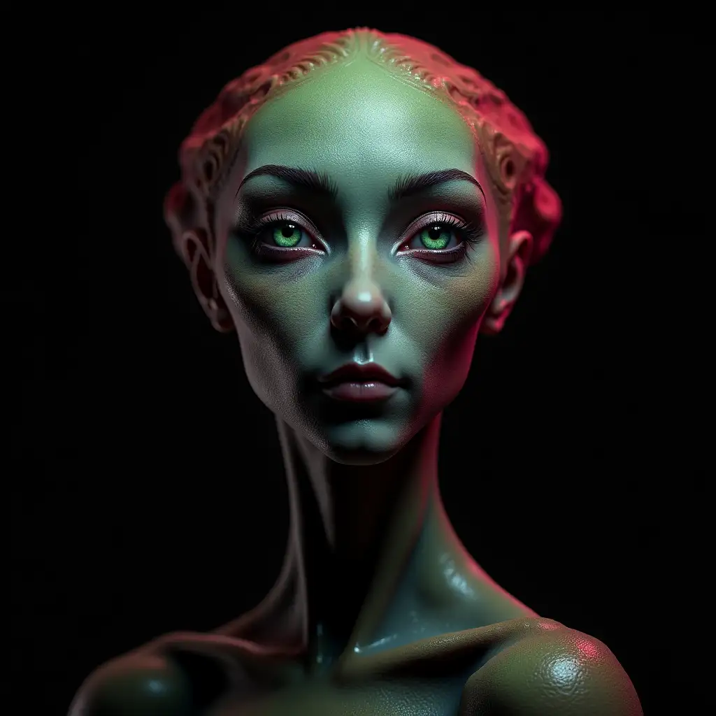 Hyperrealistic portrait of a beautiful alien queen with detailed, colorful black background