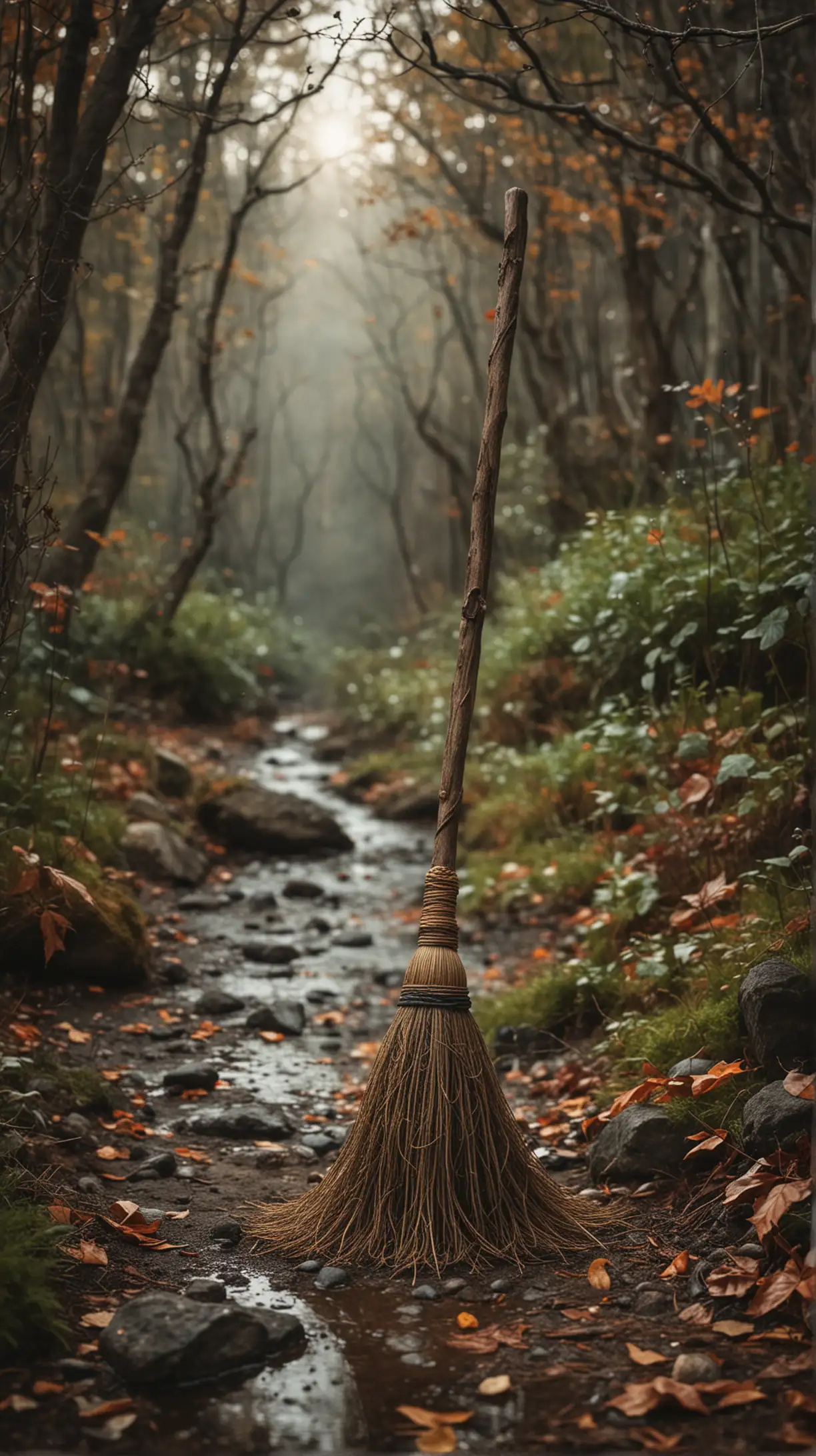 Magical Witch Riding Broomstick in Enchanted Forest