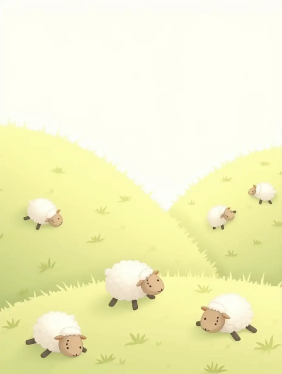 A soft, fluffy hill with a group of adorable, fluffy little sheep whose wool is as fluffy and light as clouds in the sky. The sheep are happily bouncing around on the grassy field, looking playful and joyful. Some are resting in the warm sunlight, while others are lying down peacefully. The scene is calm and serene, with the gentle, bright sunlight shining on them. The background is simple and clean, with a white sky and soft, rounded hills. The style is minimalistic, cartoonish, and suitable for a 1-2-year-old child, with a white background.