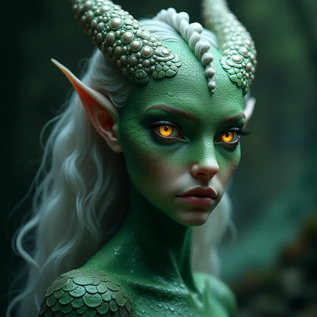 ir eine Elfen-Dame vor, who unites the majesty of a dragon and the fascinating otherworldliness of an octopus in herself. Her face is noble and graceful, but her eyes have the piercing, glowing light of a dragon. Her hair is like flowing silver that glitters in moonlight, and her skin shimmers in a deep, scaly green.