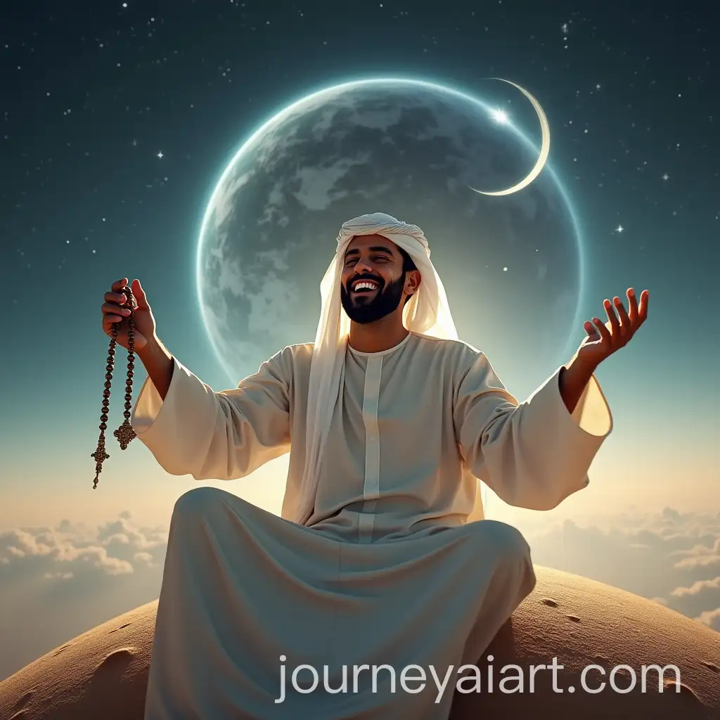 Egyptian-Arab-Man-Sitting-on-a-Planet-with-Earth-and-Crescent-in-the-Background
