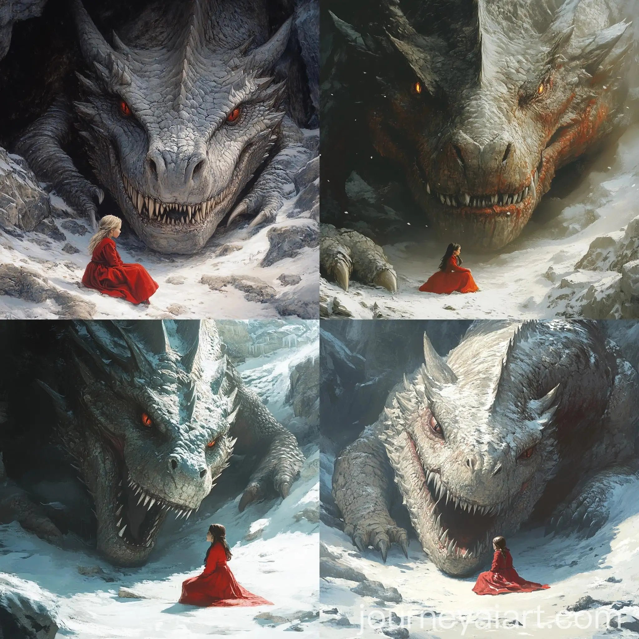 Young-Girl-in-Red-Dress-with-Enormous-Dragon-in-Snowy-Mountain-Rocks