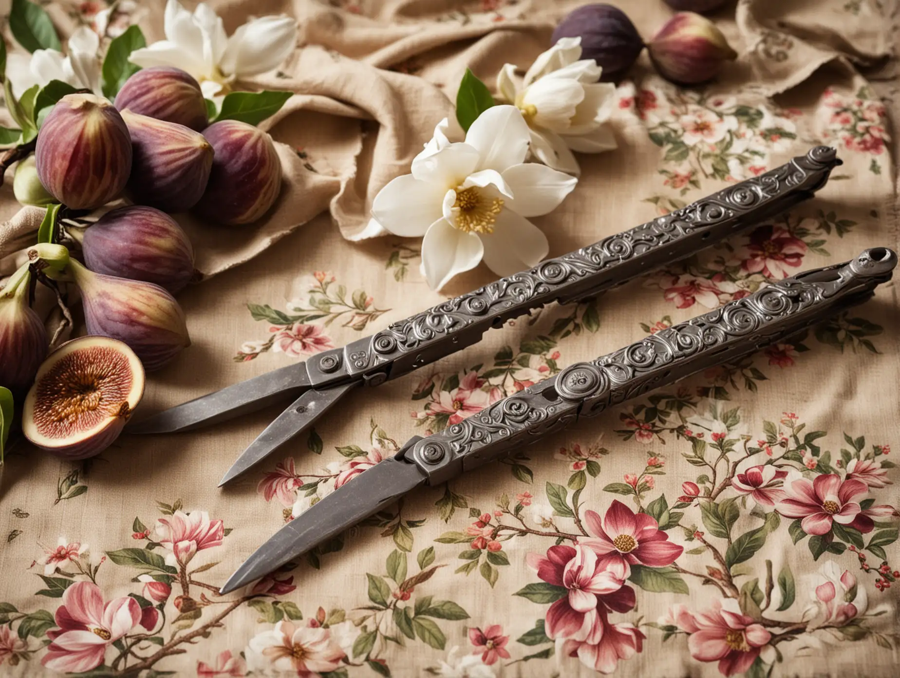 Vintage Garden Shears with Figs and Magnolias on Victorian Tablecloth