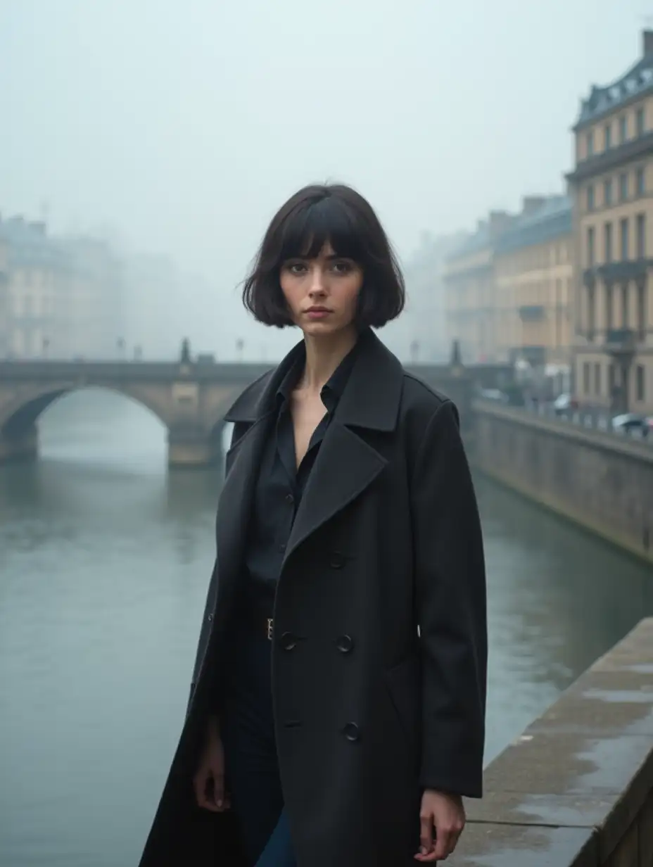 romantic stylish french model european woman, 30 years old, with dark short hair, with bangs on forehead, with stylish haircut, in fashionable long clothes, walking along river embankment, against the background of beautiful bridge, fog, romantic, surreal