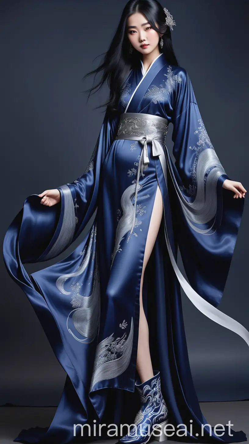 Chinese Girl in Midnight Blue Silk Robe with Silver Embroidery