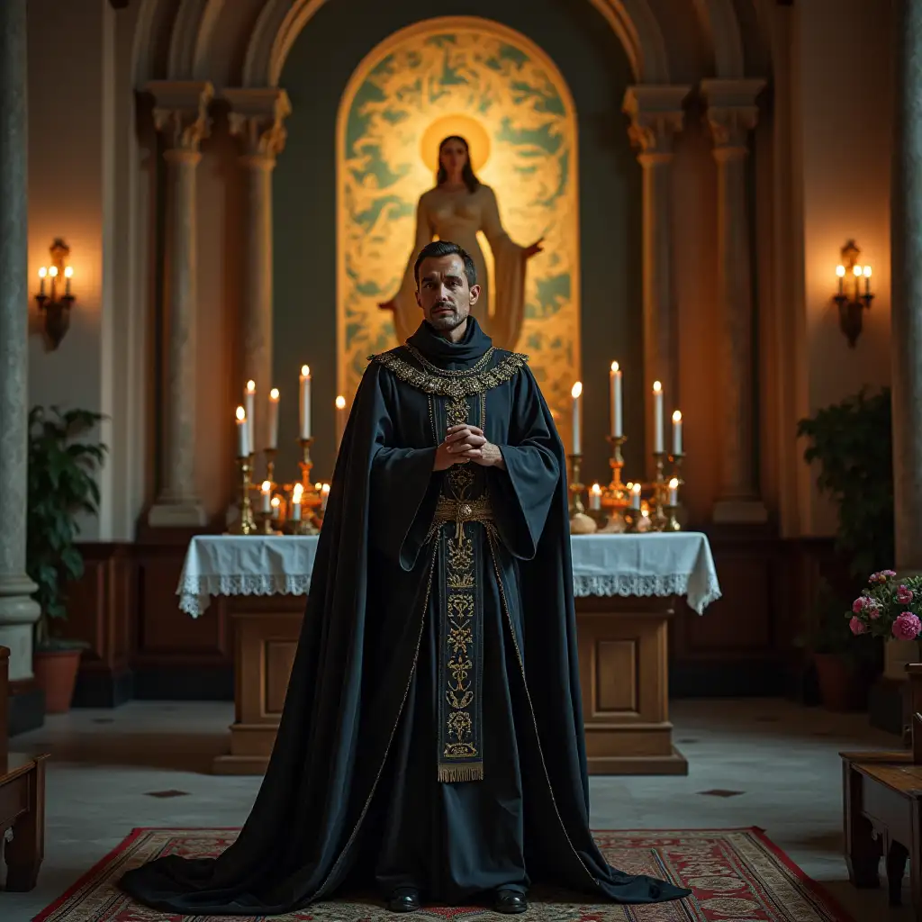 A medieval priest stands in front of a church altar of a sea goddess. Photo portrait