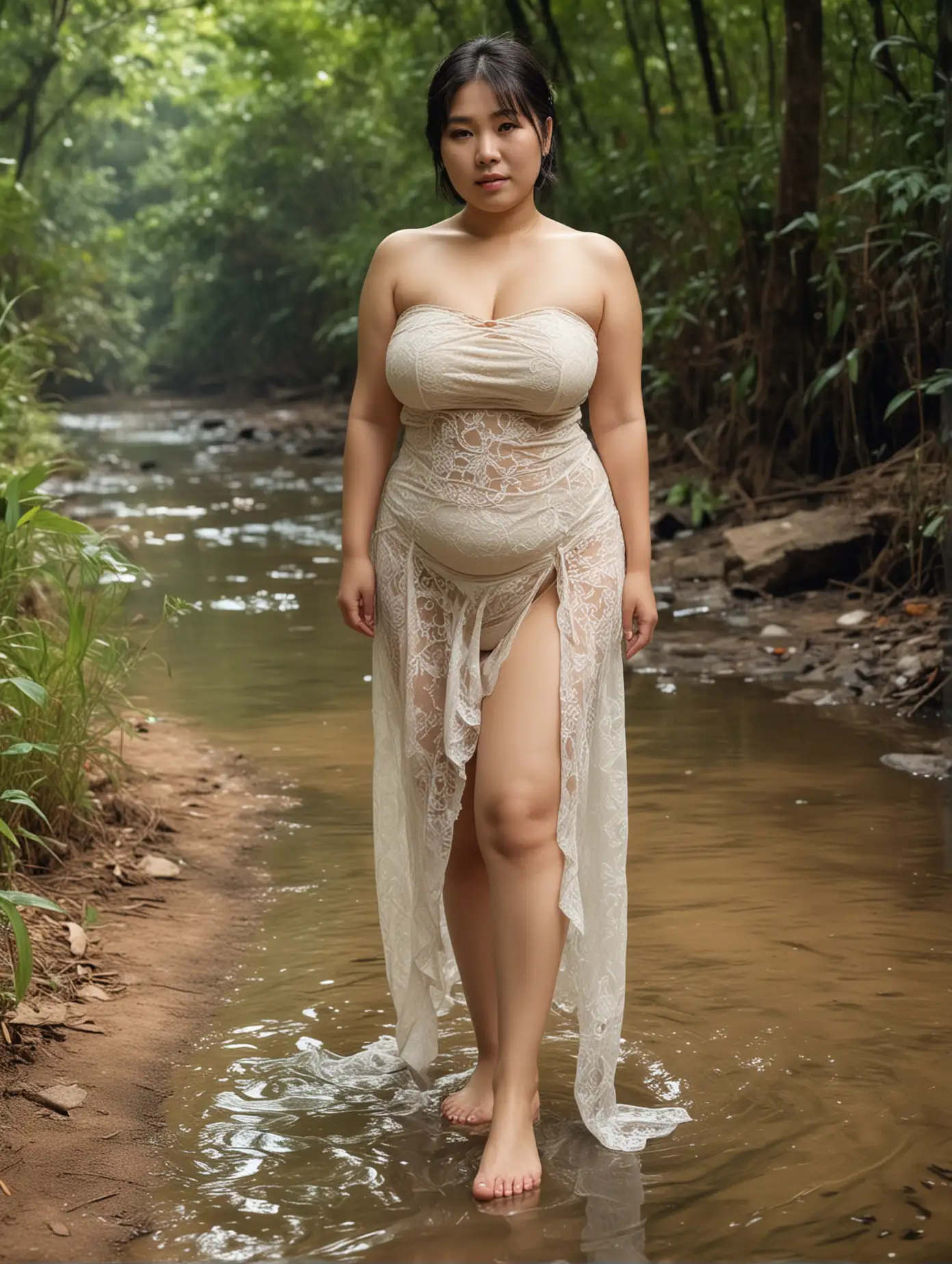 Woman( Asian, elder, chubby, massive breasts, short hair, barefoot, sad face ) in T-shirt( lace fabrics, see-through, strapless ) and sarong( beige color, lace fabrics ) is posing for photo in water path in forest, full body shot, highly detailed, good quality 