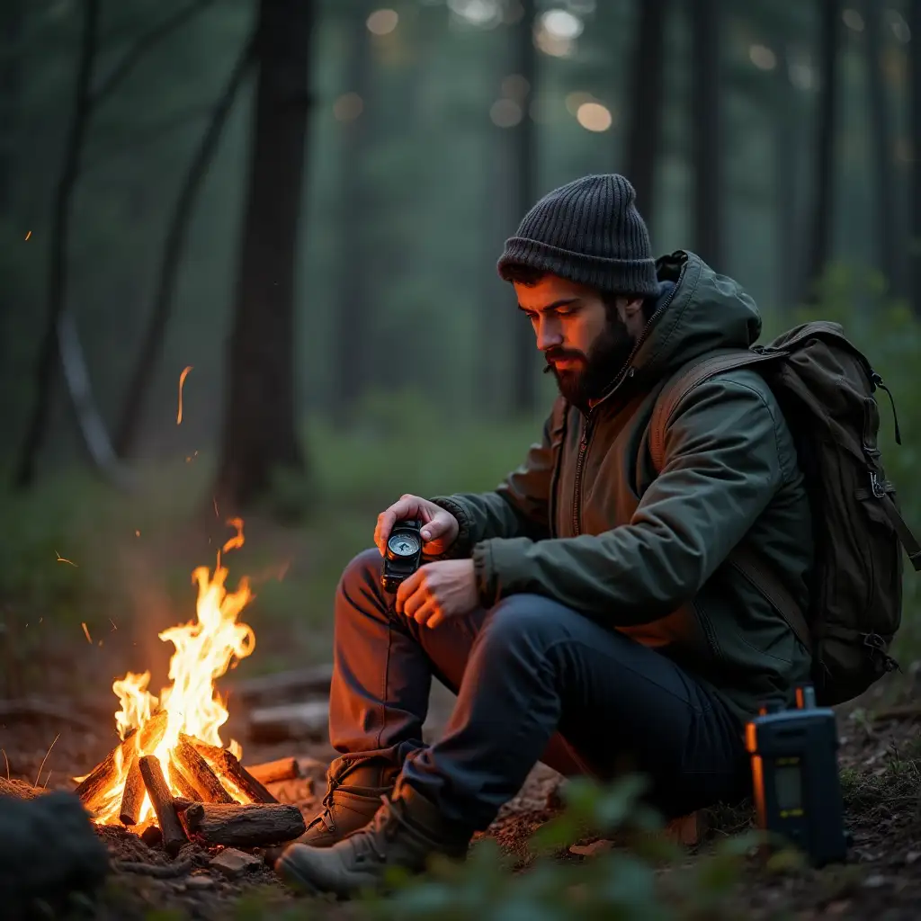 create image of a man sitting next a campfire in forrest surrounding. he is checking his compass he is holding in his hand (compass is very visible). Next to him is a survival pack what is half opened and a radio is standing next to it