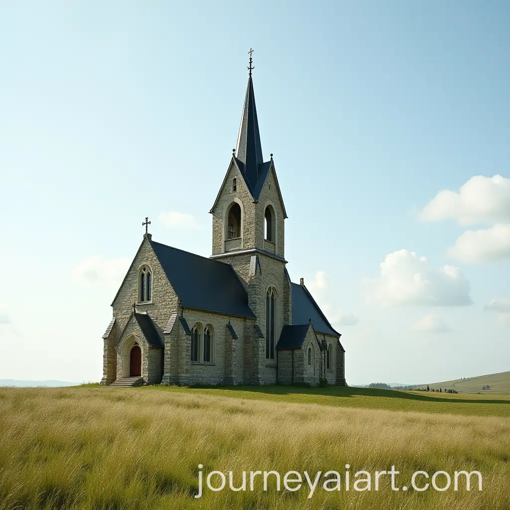 Romanesque-Church-in-Open-Field-with-Scenic-Background