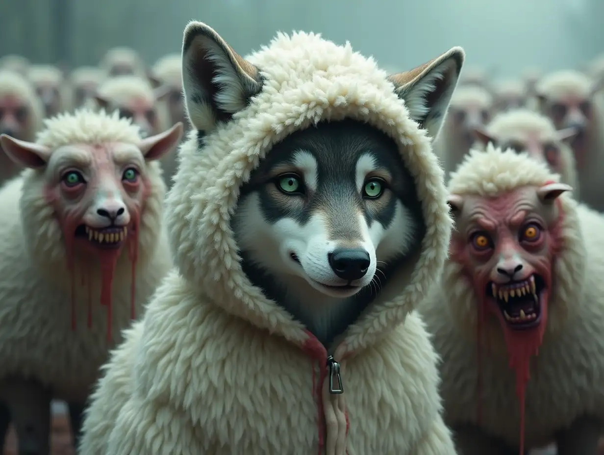 A view a bit to the side. A cute wolf with green eyes and a sad expression on its muzzle. Wearing a clean hooded cloak that looks like a white sheepskin, covered in thick woolly sheep fur. The hood almost covers the wolf's face. Surrounding the wolf is a crowd of terrifying zombie-sheep, with bloodied, sharp long fangs, glazed red eyes, dirty white skins with gashes.